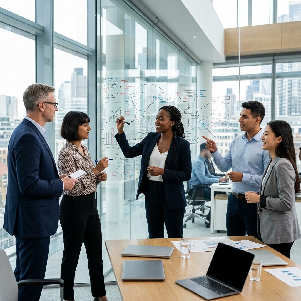 Strategy session at a whiteboard wall