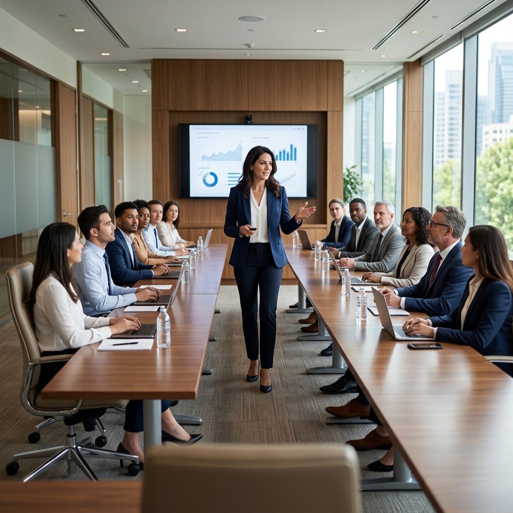 Executive presenting to a full boardroom